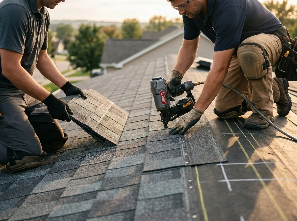 Professional roofer working on a residential roof in Westerville